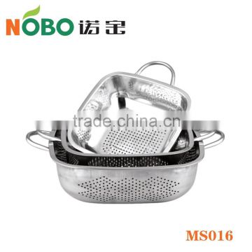Square Bright Treatment Face Stainless Steel Fruit and Vegetable Rice Colander Set with Double Handle