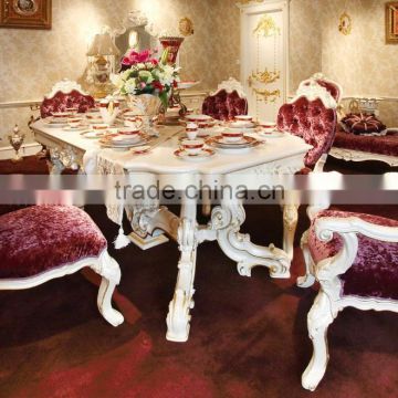 French Antique Wooden White Dining Table With Purple Fabric Dining Chair For 6 People / Luxury European Dining Room Furniture