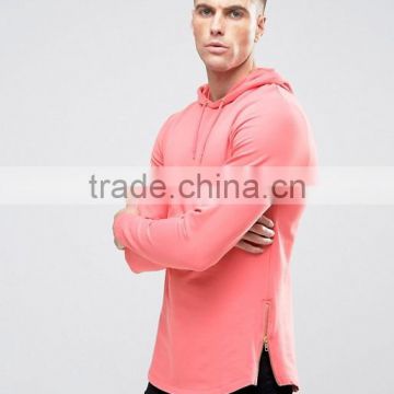 High Quality Custom With Hood Pink Zip Sides Curved Hem Longline Men's Cotton Spandex Stretch Skinny Fit Casual Pullover Hoodies
