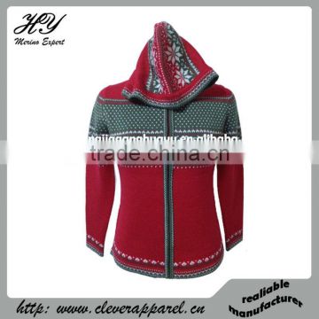 100% Wool Merino Women Sweater Cardigan with Hoodie