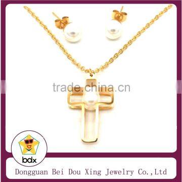 Top Quality Stainless Steel IP Gold Plated Religious Jesus Crucifixion Cross Pendant And Stud Earrings Necklace Jewelry Set
