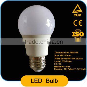 A19 9w E26/E27 dimmable led bulb ,quality plastic+al ,240 degree beam angle ,720-780 lm,with ETL and TUV-Mark