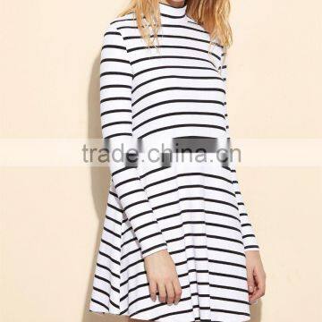 New European Style Clothing High Quality Mini Dress Fashion Women Long Sleeve White Striped Swing Dress