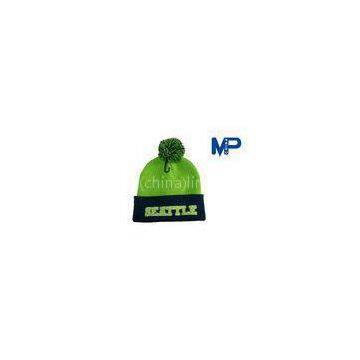 Embroidery Green color Logo Beanie Hats with Sewing Knitting Ball / Baseball Cap