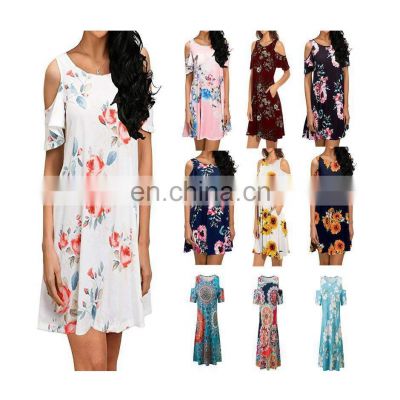 Manufacturers wholesale Women's Solid Printed short sleeve off-the-shoulder fashion dress for women
