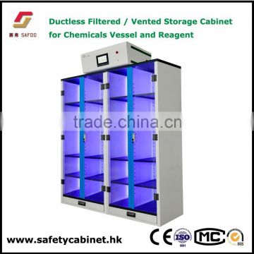 Odor free filtered chemical storage cabinets containing lab flasks and bottles