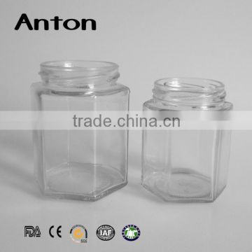 250ml hexagon shaped glass storage jar with stainless steel lid metal lid