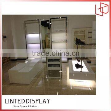 Custom retail store floor metal wooden shoe display stand/mdf slatwall display rack/double sided slatwall display