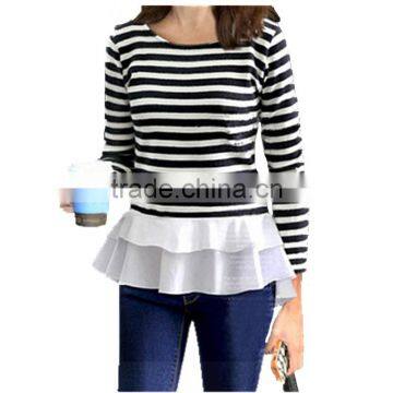 Autumn latest design round neck ivory long sleeve chiffon stitching knitting striped printing t shirt design