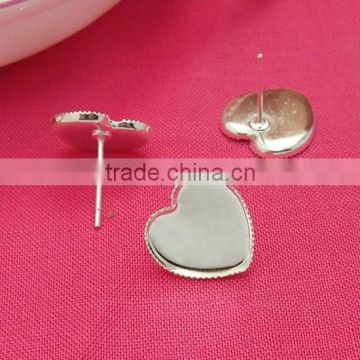 12mm Silver Plated Heart Shape Ear Studs Sawteeth Edge Blank Base Earring Tray For Cabochon Bezels Setting
