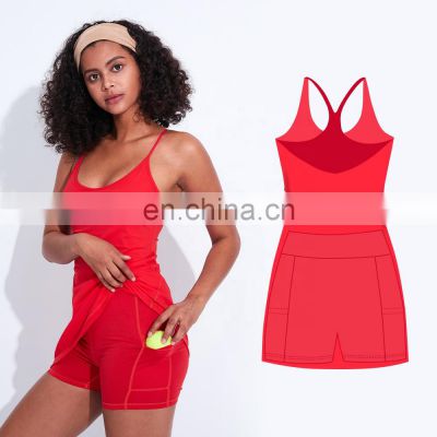 OEM Custom Breathable Elastic Solid  Tennis Dress With Shorts Sexy Tennis Skirt Two Piece For Women