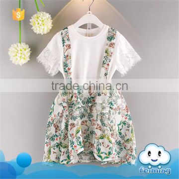 SS-972G New child 2 pieces matching clothing set white t shirt+floral dress children girl clothing set