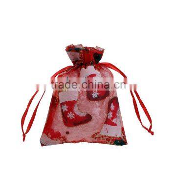Hot Sale Red Christmas Stocking Pattern Polyester Jewelry Drawstring Gift Bags