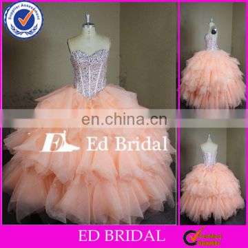 F215 Real Sample Stunning Beaded Corset Big Ball Gown Peach Quinceanera Dresses
