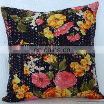 Black Floral Kantha Handmade Cushion Cover Kantha Hand Stitched Kantha Cushion Cover Throw Pillow Cover Indian Cotton Decorative