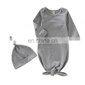 Plain color cotton baby sleepsack with hat knotted infant sleeping bag