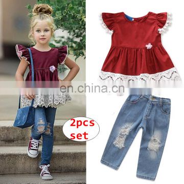 Baby Girl 2pcs Set red short sleeve tops + denim Pant Outfit Kids Summer Autumn Clothing for 2-7T