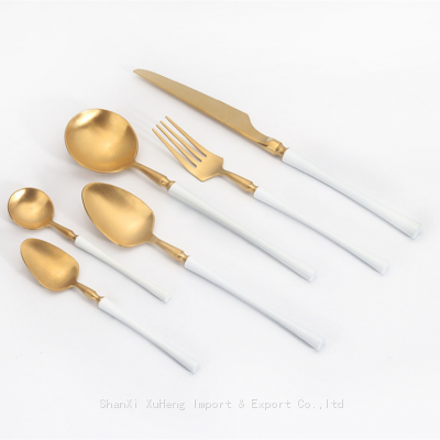 Set of 6 Pieces Matte Gold Knife Fork Spoon Cutlery Set With White Handle For Wedding Tableware