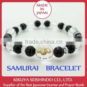 Hideyoshi Toyotomi, samurai bracelet, women bracelet, crystal quartz 12 mm with Black Agate, natural stone, Bead bracelet, Japan