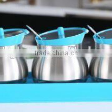 wholesale glass spice jar with metal coating spoon blue