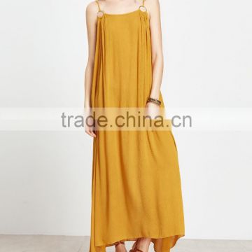 Guangzhou clothing OEM Bright Yellow Ring Detail Rayon Spaghetti Strap Loose Dress