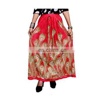 Indian Tribal Peasant Sequin Gypsy Skirt Peacock Feathers Rayon Boho Hippie Casual Sequin Work Long Embroidered Skirts Wrap