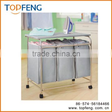 3 Bag Rolling Laundry Cart with ironing board table Folding Clothes Hamper Iron Detergent Dorm Ironing