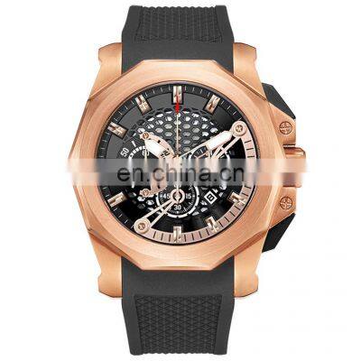 Small MOQ Custom Luxury Sport Silicone strap Waterproof 3 eyes stop skeleton quartz wrist watch mens