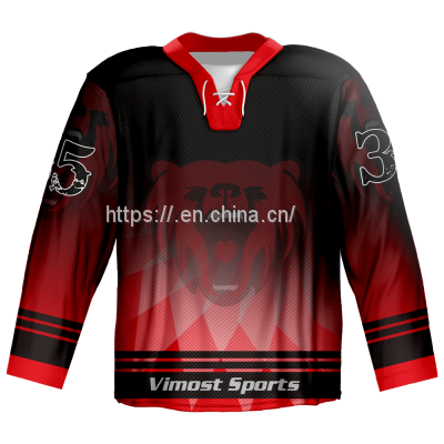 100% polyester neck with strings ice hockey jersey with red and black color