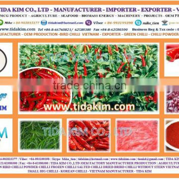 RED GREEN SMALL BIG CHILLI WITHOUT STERN DRIED CHILLI SALTED CHILLI POWDER- TIDA KIM MANUFACTURER - IQF USED FROZEN CHIILI