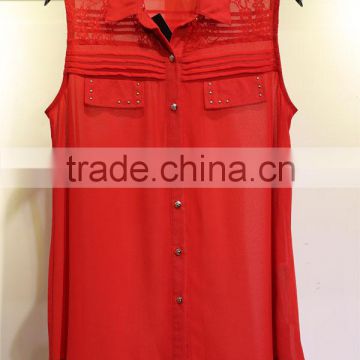 Red sleeveless chiffon tops with little lace for women