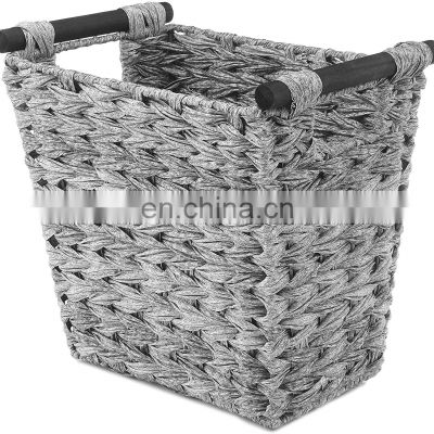 Hand-woven plastic rattan with sturdy wood handles bedroom bathroom kitchen storage baskets