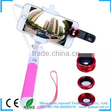 Apexel Camera Lens 3 in 1, Fisheye Lens for Mobile Phone, Selfie Stick with 3.5mm Cable for All Phones