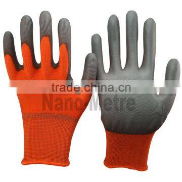 NMSAFETY 13 gauge knitted orange polyester liner coated grey pu on palm gloves for light industry