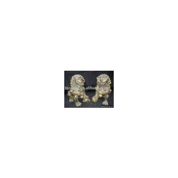 Pair Old Chinese Bronze Gilt Guardian lions Foo Fu Dog