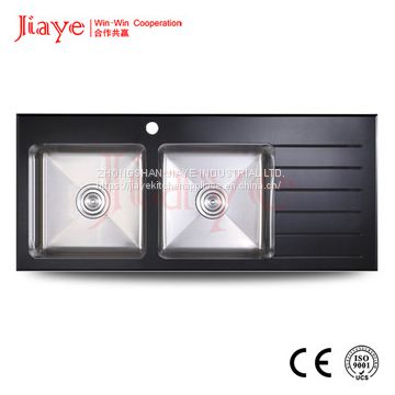 tempered glass two bowl handmade kitchen sink with drain board