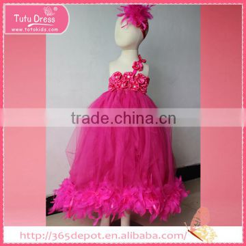 Flower waistband girl's dress decorated with gauze & feather