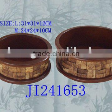 Round wooden and coconut shell fruit tray