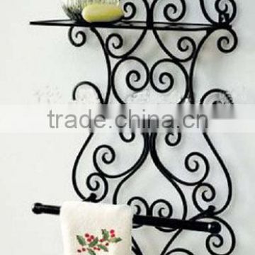 XY09-1029 home decorative storage antique wrought iron 2 tier wall corner shelf, metal bathroom shelf with towel bar