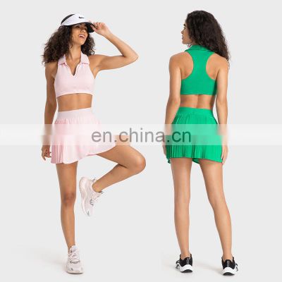 Fashion New Style Two Piece Lapel Racerback Sports Bra High Waist Pleated Mini Skirt Golft Tennis Outdoor Fitness Wear Yoga Set