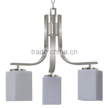 3 light chandelier(Lustre/La arana) in satin steel finish with dove white square glass shade CH1986-3SS