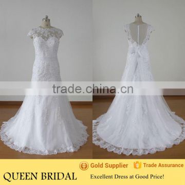 New Design Round Neck Sweetheart Cap Sleeve Appliqued Lace Sequined Wedding Dresses 2015 White