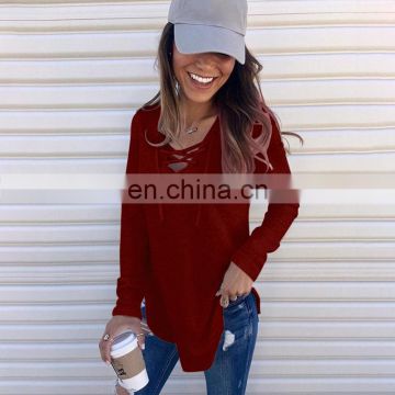 2020  New arrival Fashion Style Long Sleeve V-neck Solid T-shirt For Women
