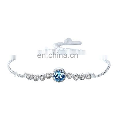 Ocean Heart S925 Sterling Silver Angelic Jewelry Round-Cut Clear Blue Crystal Wrist Jewelry Sparking Zirconia Solitaire Bracelet