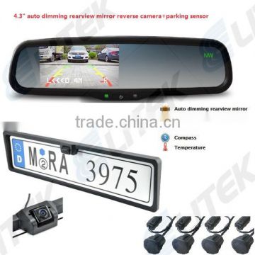 CE Certification factory 4.3" car rearview mirror monitor with reverse camera/parking sensor