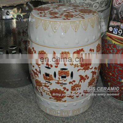 Antique orange color round bedroom ceramic porcelain stool made in jingdezhen