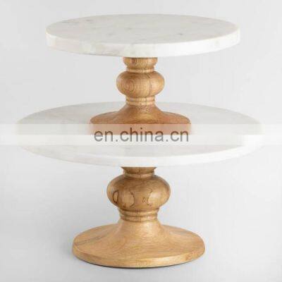 white marble top wooden base cake stand