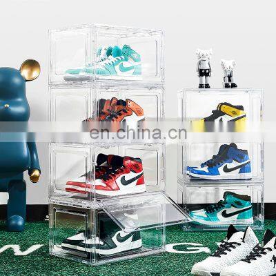 Stackable shoe box storage container shoebox storage plastic clear drop side magnetic door AJ Folding storage nike transparent