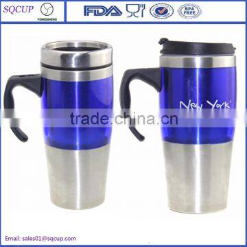 450ml Double Wall Plastic Stainless Steel Insulated Journey Travel Mug With Handle and Leak proof Lid