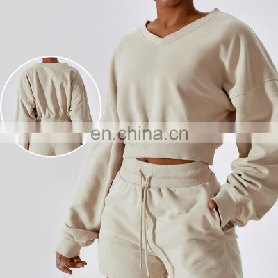 V Neck Fleece Oversized Tops Women Pullover Wholesale Cropped Hoodies Sweatshirts 50cotton 22polyester